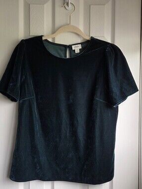 J. Crew Dark Green Velvet Short Sleeve Blouse